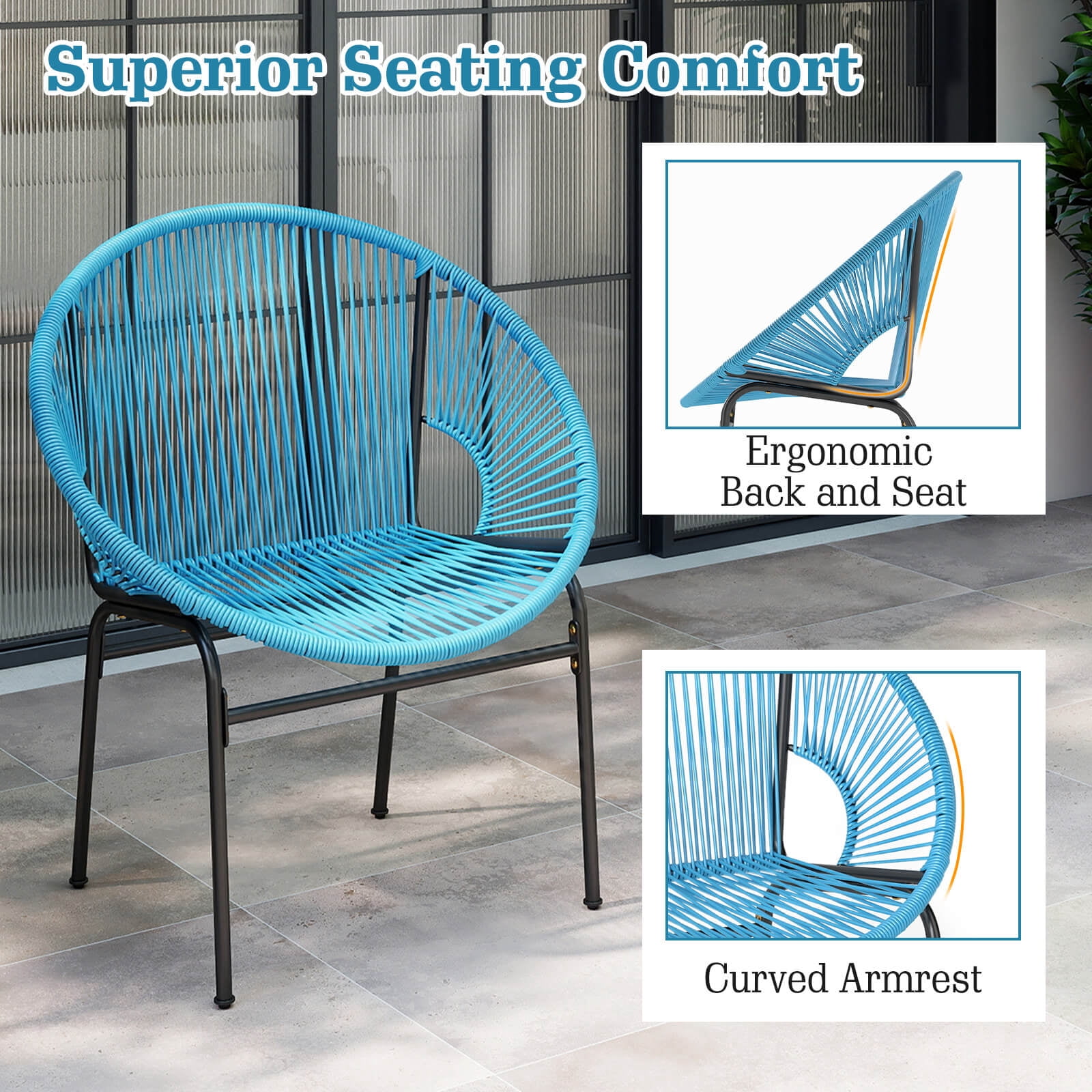 Costway 3PCS Patio Acapulco Furniture Bistro Set Plastic Rope Glass Table Turquoise