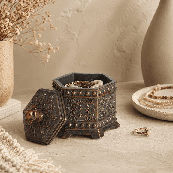 Vintage Jewelry Box with Lid, Antique Bronze Decorative Trinket Box, Small Hexagon Keepsake Box for Rings, Earrings, Necklaces, Vanity, Dresser, Bedroom Decor, Gift for Women