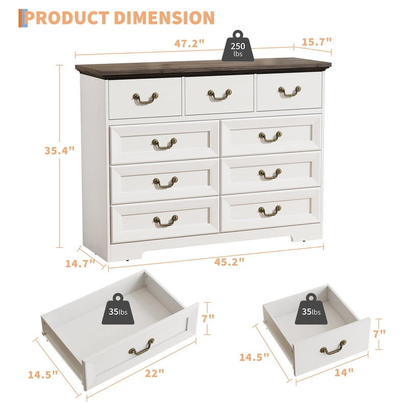 TROPOW Vintage 9 Drawer Dresser for Bedroom, 47" Wide Chest of Drawers with Natural Wood Texture, Wooden Storage Organizer for Closet, Living Room, Hallway,White