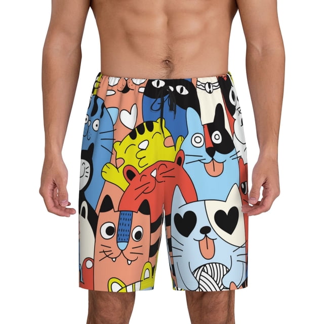Balery Funny Cats Pantalones cortos de pijama de punto de algodón para hombre con cinturilla y bolsillos-Medium