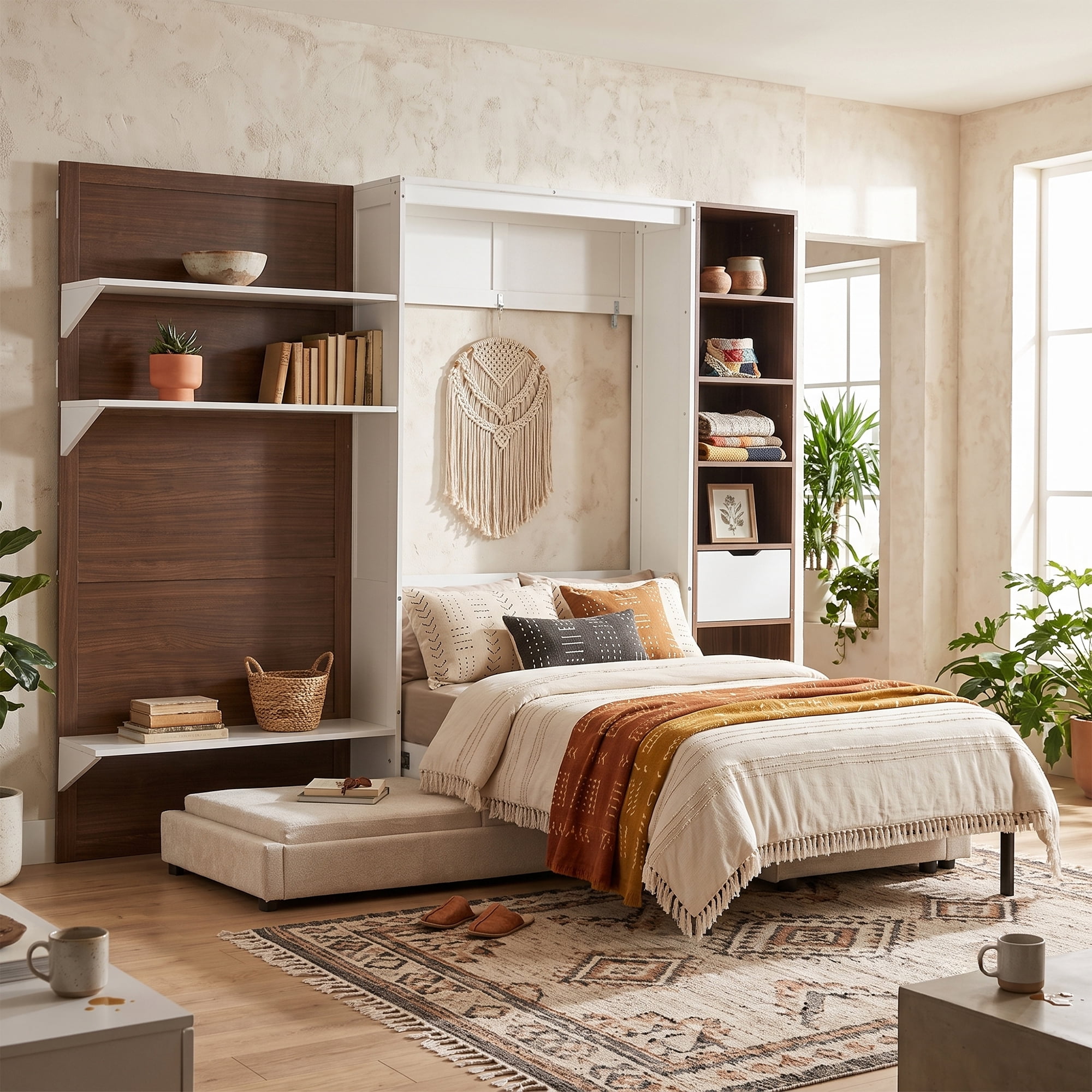 Twin Size Murphy Bed with SOpen Shelf, USB Port, L Shape Sofa, Space-Saving for Small Space, Guest Room