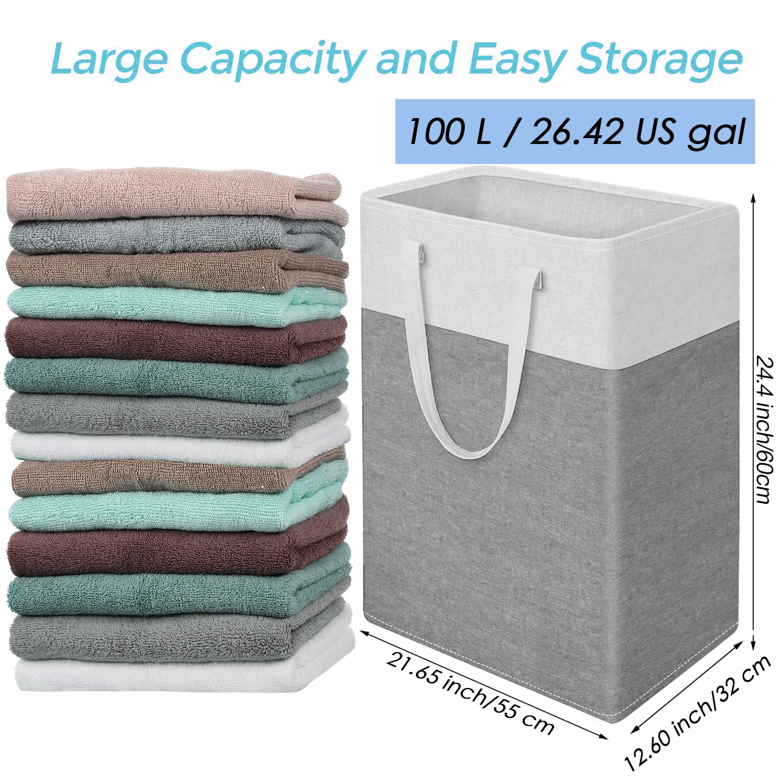 4-Pack Extra Large Laundry Basket, Waterproof, Freestanding Laundry Hamper, Collapsible Tall Clothes Hamper with Extended Handles for Clothes Toys, 100L/26.42 gal,Gray & White Blocks