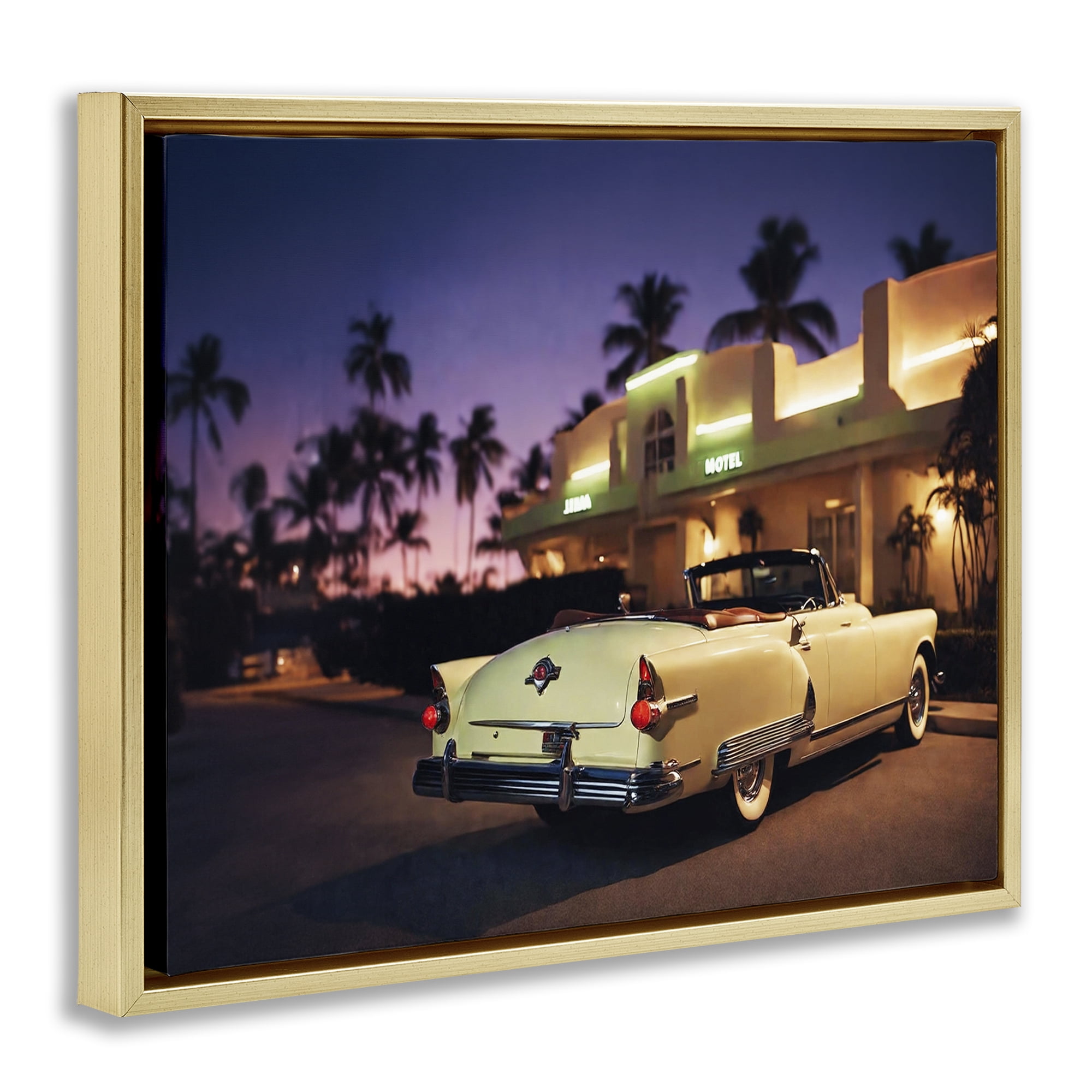 Stupell Industries Antique Car Tropical Motel Transportation Painting Gold Floater Framed Canvas Art Print Wall Art, 21 x 17