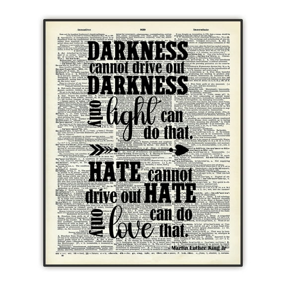 MLK Quote "Darkness Cannot Driven Out Darkness" 8x10 Inch Unframed Art Print, Inspirational Poster, Martin Luther King Quote, Dictionary Art, Gift for Teachers, Classroom, School