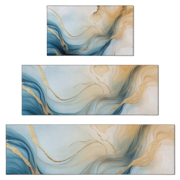 Blue Gold Marble Pattern Kitchen Rugs Sets Of 3,Kitchen Runner Rugs Non Skid Washable,Decorative Kitchen Floor Mats for Kitchen,Sink,Laundry,17"x30"  17"x47"   17"x59"