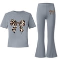 thumbnail image 6 of HBYJLZYG Girls 2 Piece Outfit Set with Bow Print Short Sleeve T-Shirt and Flare Pants, Lightweight Summer Casual Outfit for Kids Daily Wear and Vacation, 6 of 7