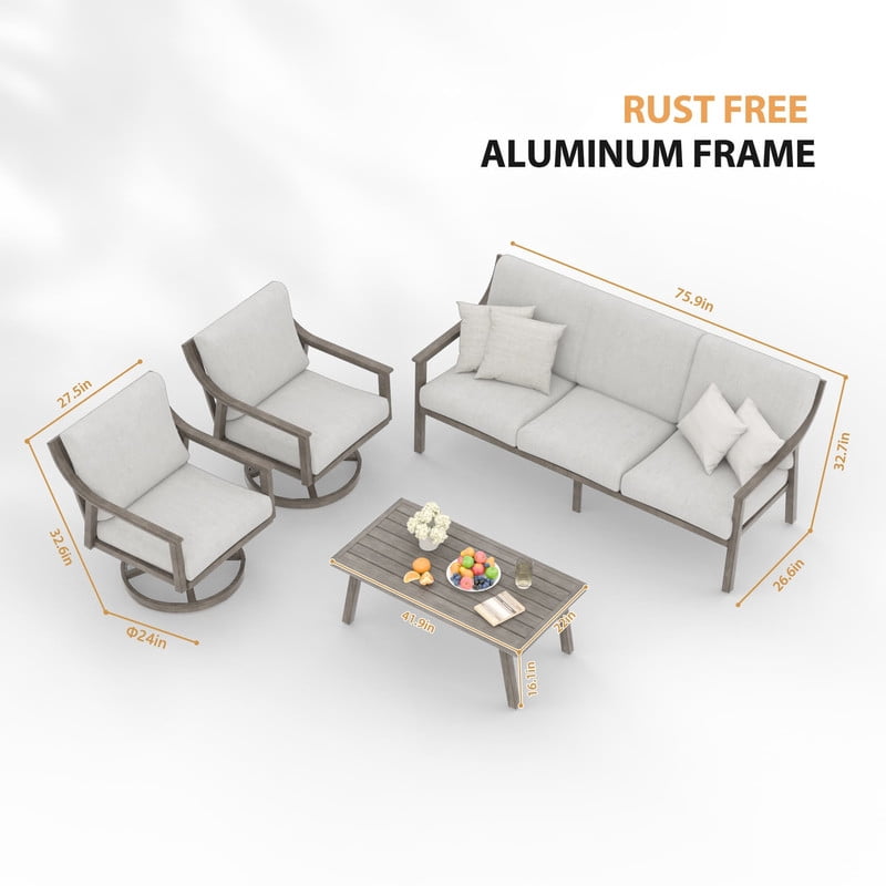 4-Piece Outdoor Patio Furniture Set for 5, Aluminum Outdoor Conversation Set Includes 1 Three-Seater Sofa, 2 Swivel Chairs, and 1 Coffee Table