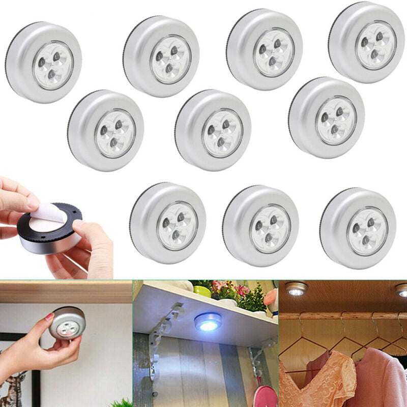 10pcs 3LED Push Touch Lights Wardrobe Battery Powered Tap Stick On Click Lamp