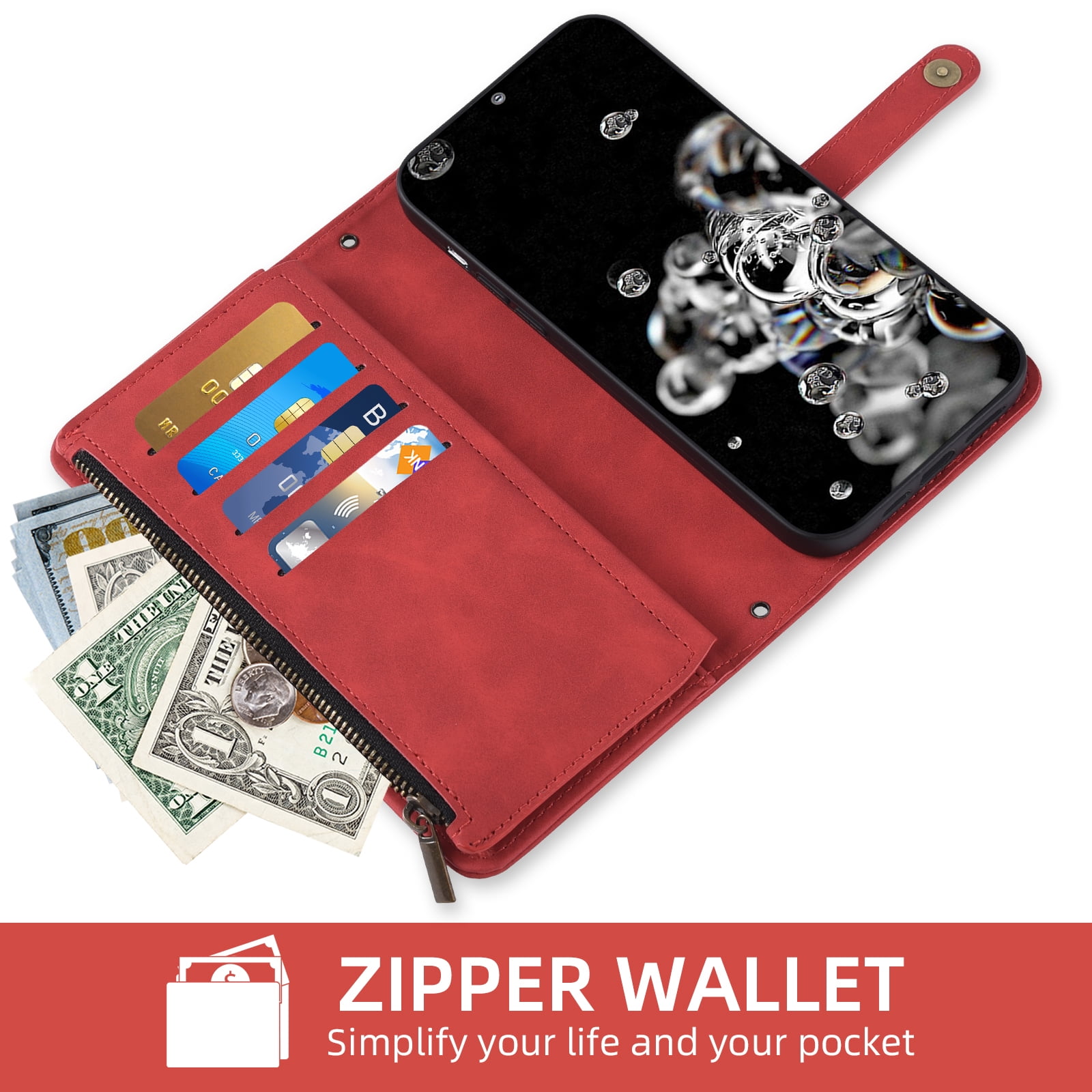Asuwish Phone Case for Samsung Galaxy S20 Ultra 5G Wallet Cover With Tempered Glass Screen Protector Wrist Strap Flip Pattern Zipper Credit Card Holder Cell S20ultra 20S S 20 A20 S2O 20ultra G5 Red