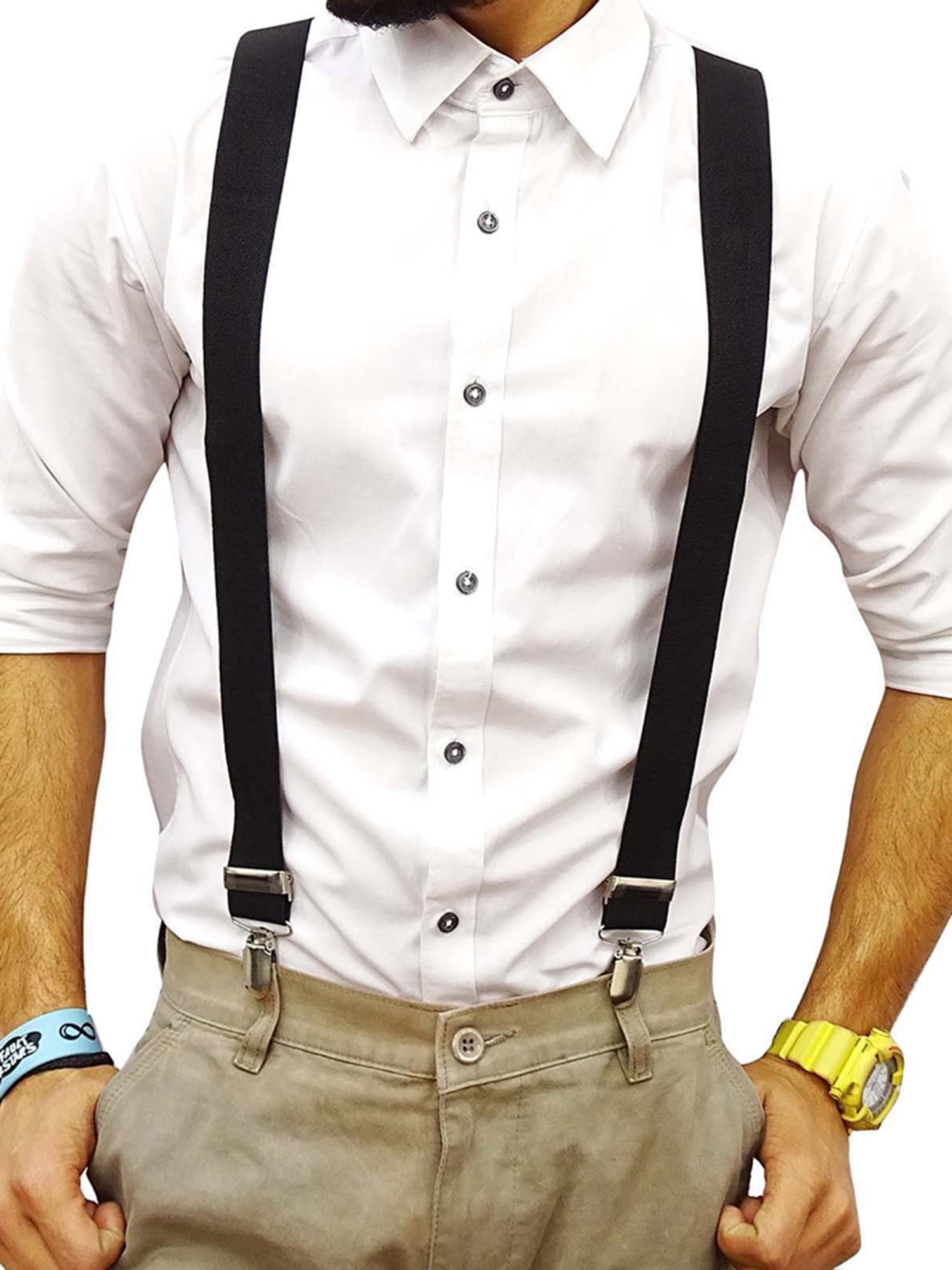 New in box Men's Suspender Leopard White Black elastic braces clips buttons 