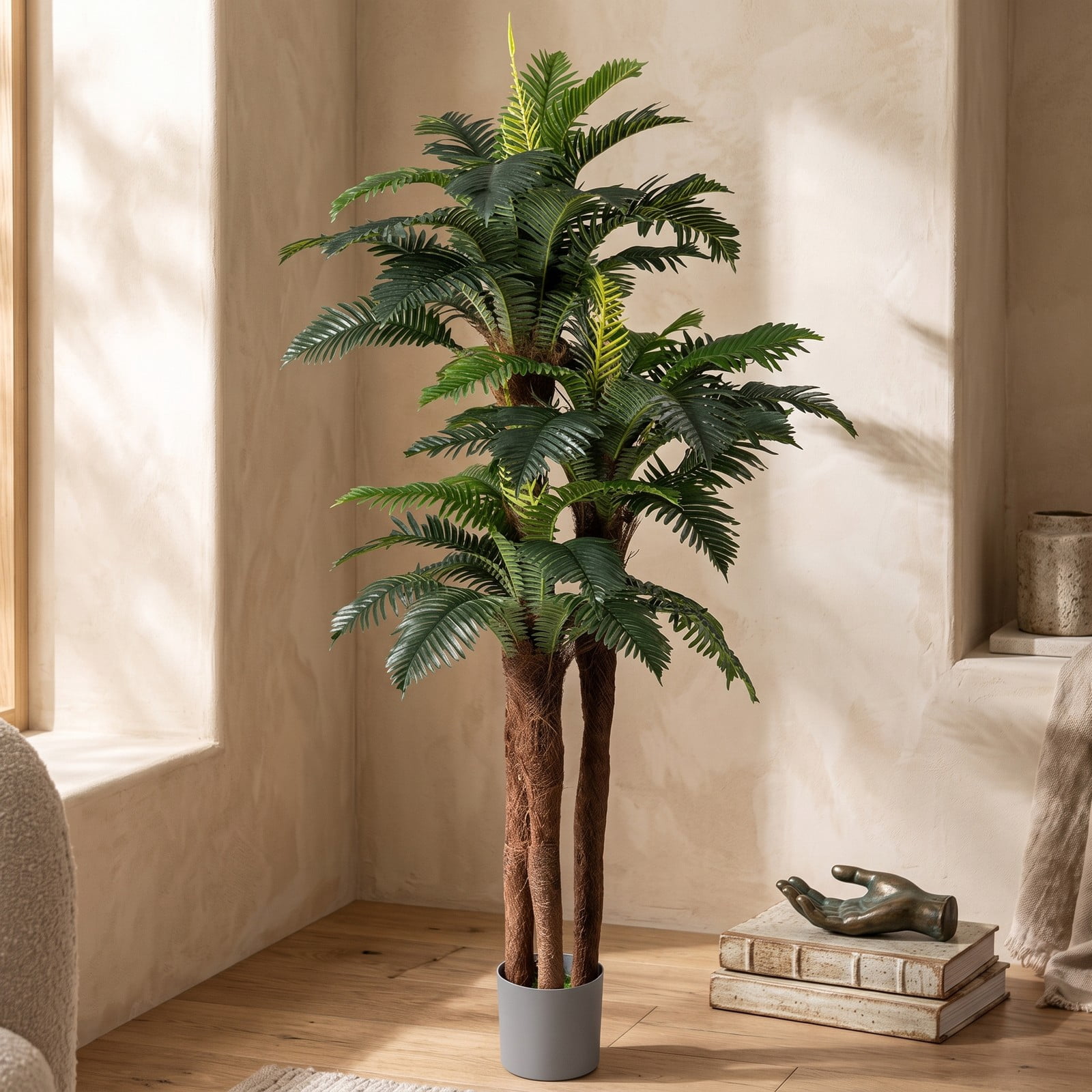 ALPULON 2 Pack Artificial Palm Tree 6.3 FT Tall Faux Tropical Plant with Adjustable Bendable Leaves and Cement-Filled Pot for Indoor Home Office, Green and Black