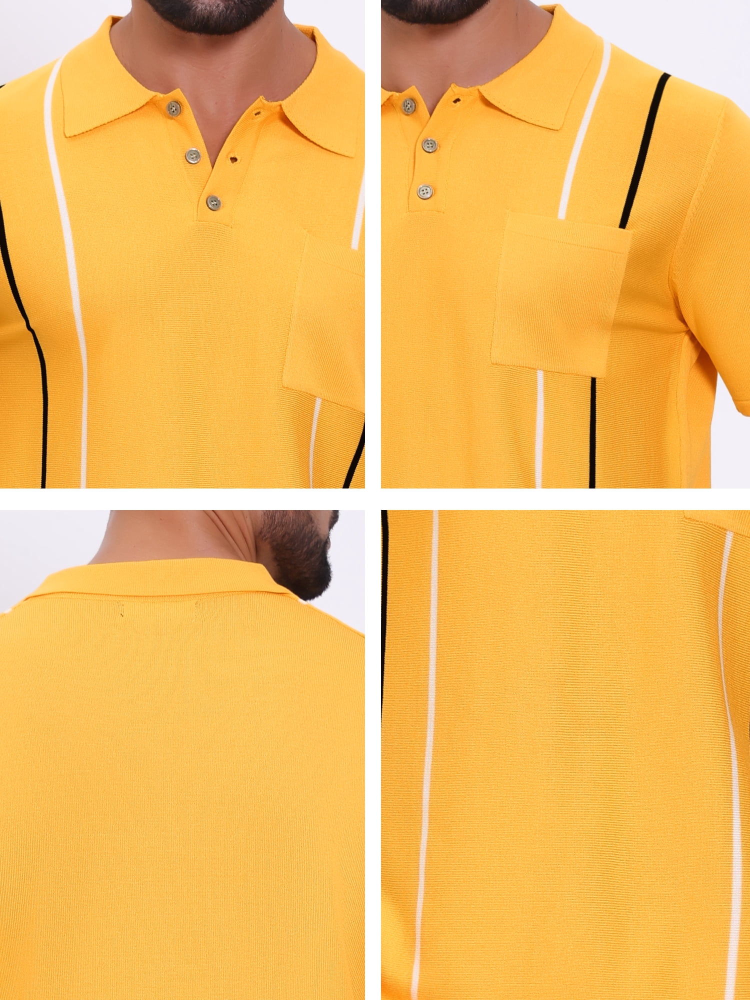 DARING DIVA Men's Striped Knit Chest Pocket Short Sleeve Vintage Golf Shirts XL Yellow