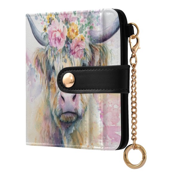 Womens Wallet PU Leather Bifold Small Purse with RFID Blocking Credit Card Holder Watercolor Highland Cow
