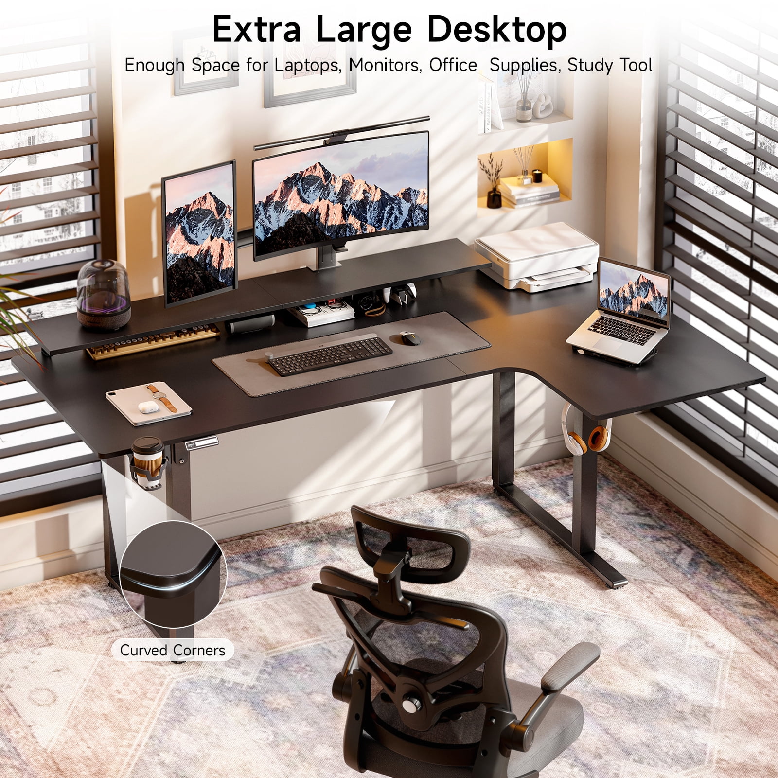 63x43 Inches L Shaped Standing Desk, Electric Stand Up Desk with 2 Adjustable Monitor Shelves, Black