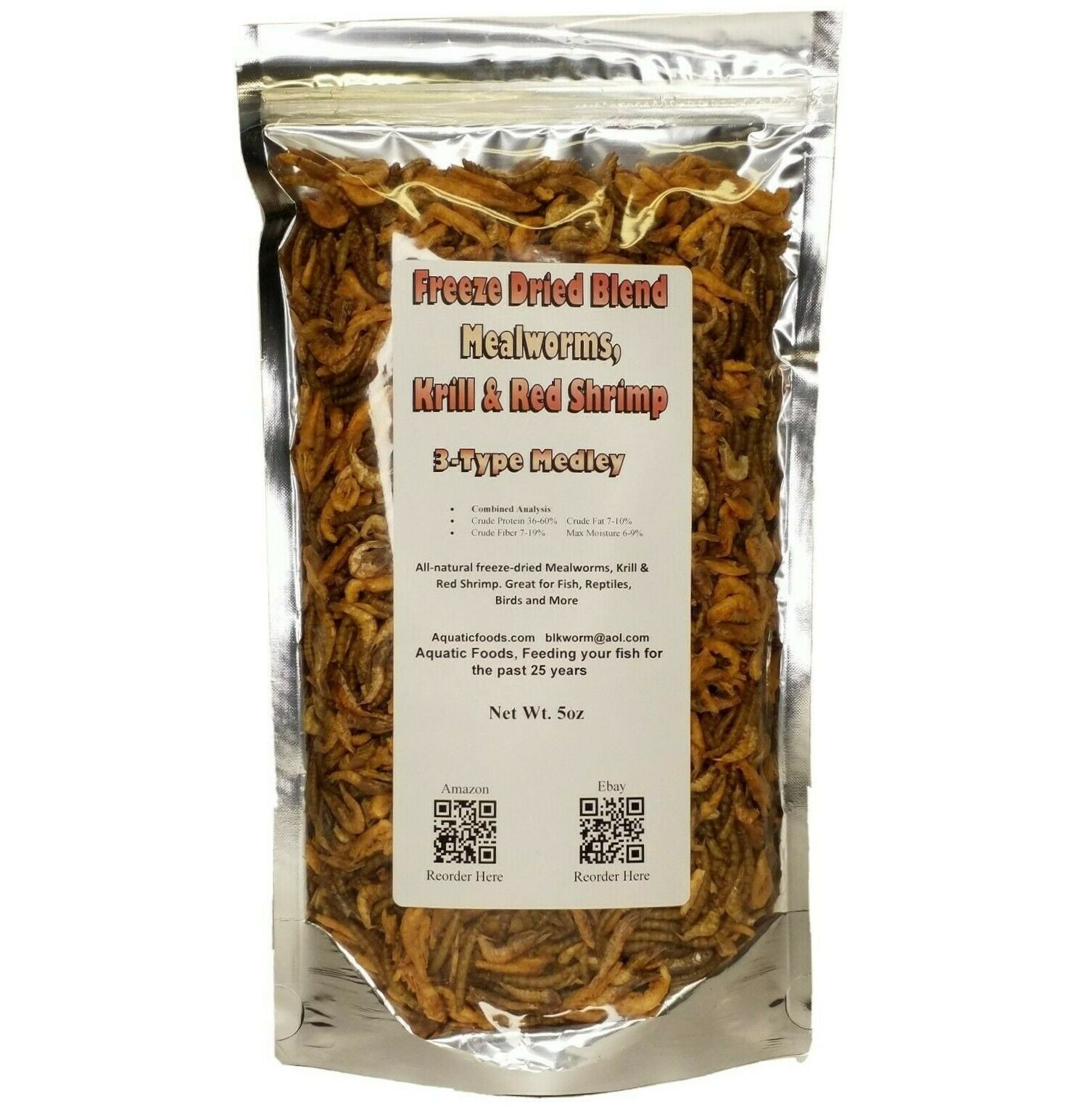5oz. 3Type Medley of Freeze Dried Mealworms, Krill, Red Shrimp for