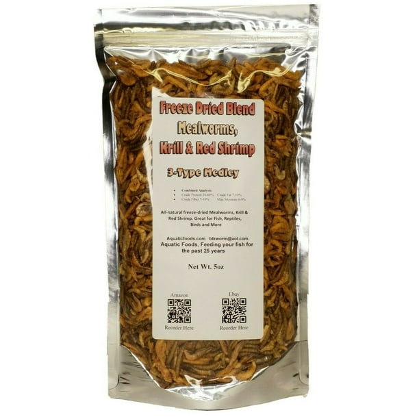 5oz. 3Type Medley of Freeze Dried Mealworms, Krill, Red Shrimp for Large Tropicals, Koi Fish