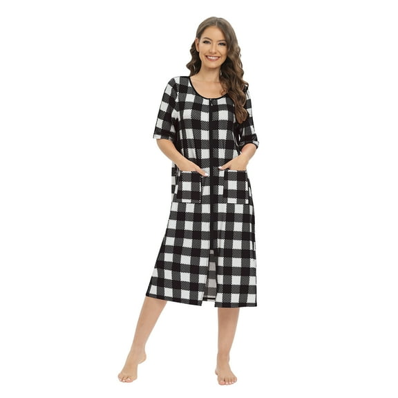 Baywell Buffalo Plaid Robe For Women - Medium Length Luxury Holiday Kimono Bathrobe Black S-2XL