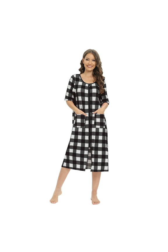Women Buffalo Plaid Robe Long Knit Bathrobe Soft Sleepwear Ladies Loungewear Black US 6