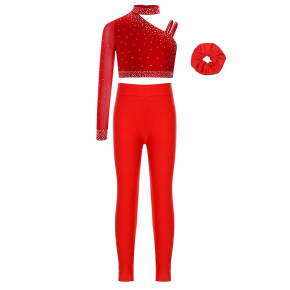 Miaeowve Kids Girls Figure Skating Outfits Sparkly Rhinestone Gymnastics Dance Crop Tank Tops and Leggings Pants Hairband Set Red 12
