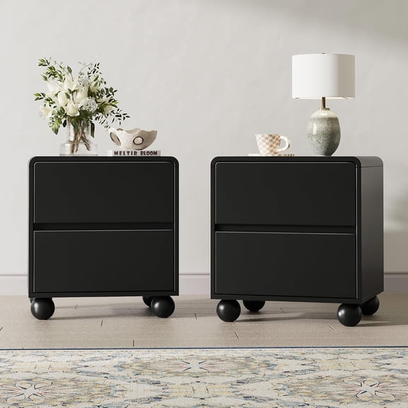 FURNIWAY Black Modern Curved Nightstand Set of 2, Wooden Bedside Tables with 2 Storage Drawers for Bedroom Living Room