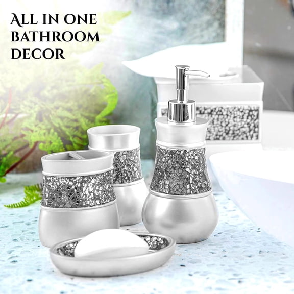 Crackled Glass Silver Bathroom Accessory Set - 4 Piece Bathroom Sets Accessories Included: Soap Dispenser, Toothbrush Holder, Tumbler and Soap Dish