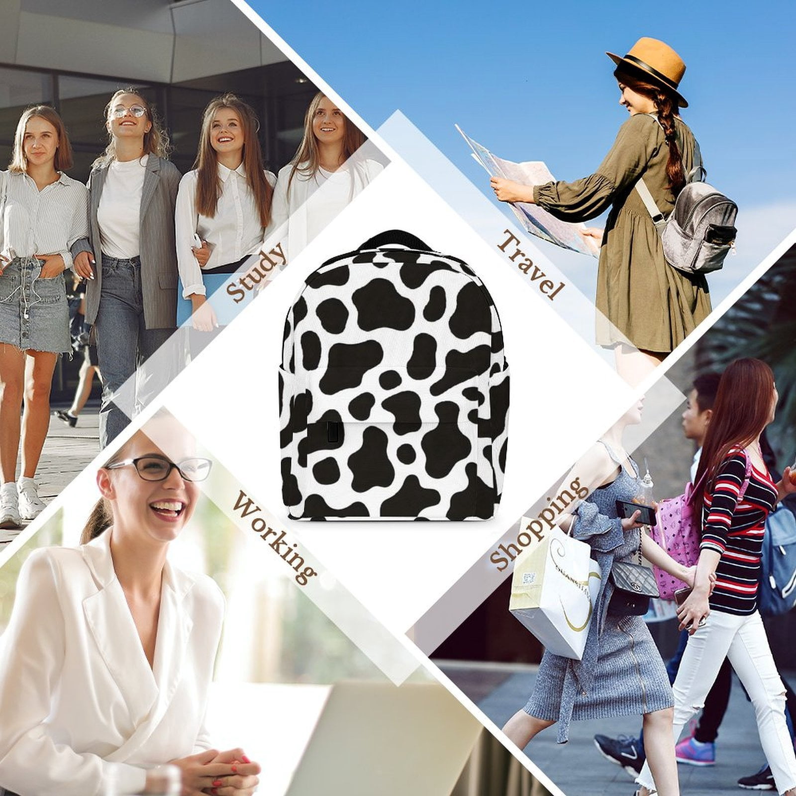 8.1×10in Casual Women'S Backpack With Anti-Contraction And Stretch For Sports Activities Travel Picnics Black White Cow Print