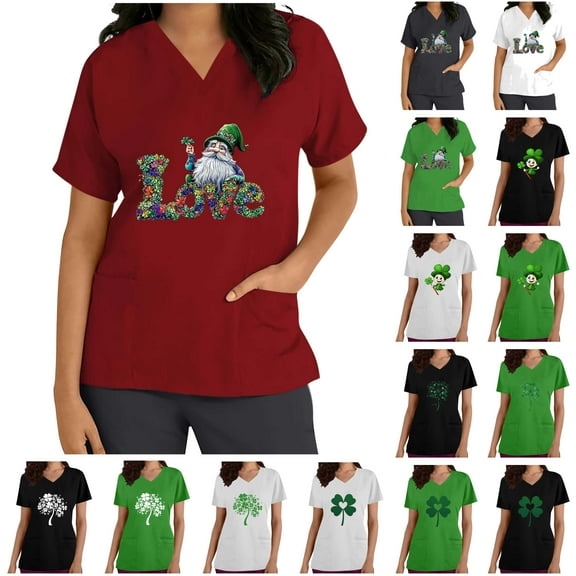 lcziwo 2025 Scrub Tops for Women St. Patrick's Day Stretchy Scrubs Summer Casual V Neck Shrits Holiday Short Sleeve Work Top with Pockets Black L Vacation Sales