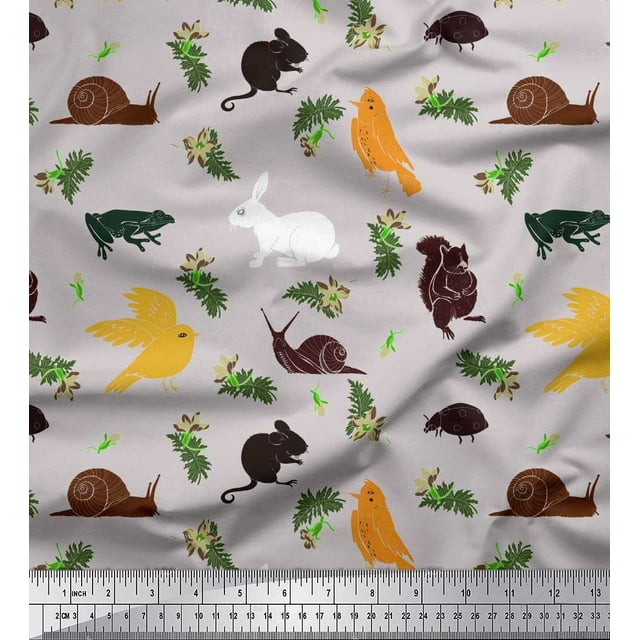 Soimoi Poly Georgette Fabric Bird,Squirrel & Rabbit Animal Fabric Prints by Yard 52 Inch Wide