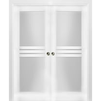 Sliding French Double Pocket Doors 36 x 96 inches Opaque Glass 4 Lites / Mela 7222 White Silk / Kit Rail Hardware / MDF Interior Bedroom Modern Doors