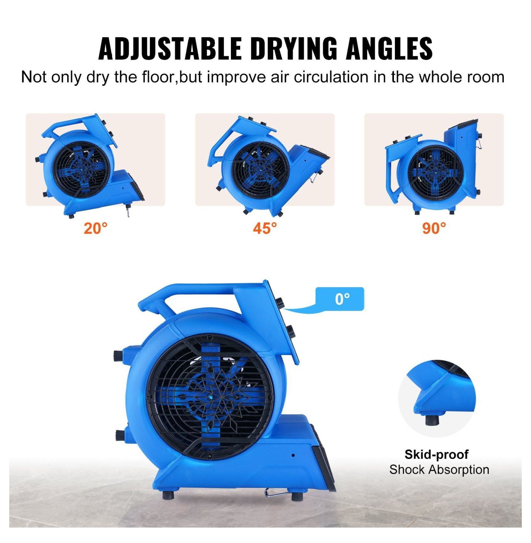Floor Blower 1/2 HP 2600 CFM Air Mover, Portable Carpet Dryer Fan for Quick Drying & Cooling - 3 Speed Settings, Adjustable Angles, Timer Function - Janitorial, Home, Industrial Use