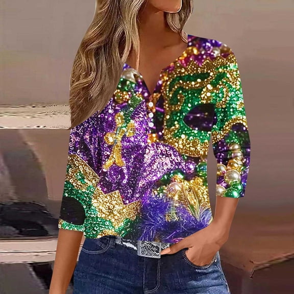 Mifsaly Womens Mardi Gras Shirts Diamond-Color Block 3/4 Sleeve Tops Pullover Sparkly Print Casual Blouse Funny Festival Carnival T-Shirts Spring Summer Fashion Streetwear XL