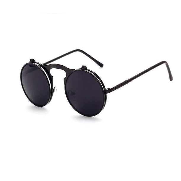 Round Polarized Coating Mirror Sunglasses Metal Frame Antique Up Sunglasses for Men and Women(Black Frame and Black Lens C2)