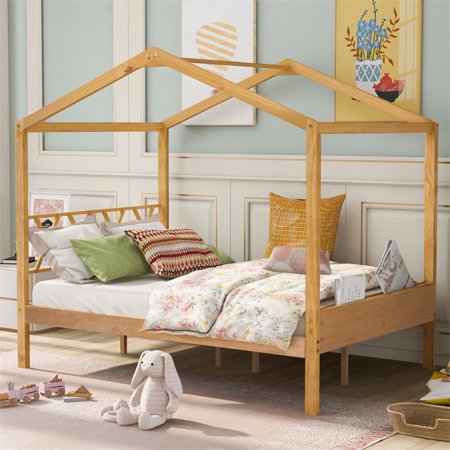 Full Size House Bed with Headboard and Storage Footboard for Kids  Girls Boys and Teens  Wood Cabin Bed Frame Montessori Bed Platform for Bedroom  Apartment and Dorm  No Box Spring Needed  Natural