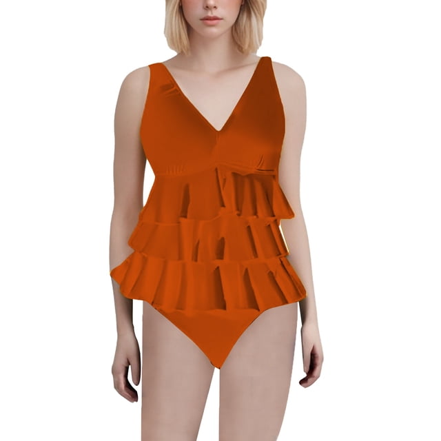 Duoif Maillot de Bain une Pièce pour Femmes, Maillot de Bain à Volants, Robe de Bain Rétro Couvrante, Maillots de Bain Contrôle du Ventre pour Femmes Orange TG