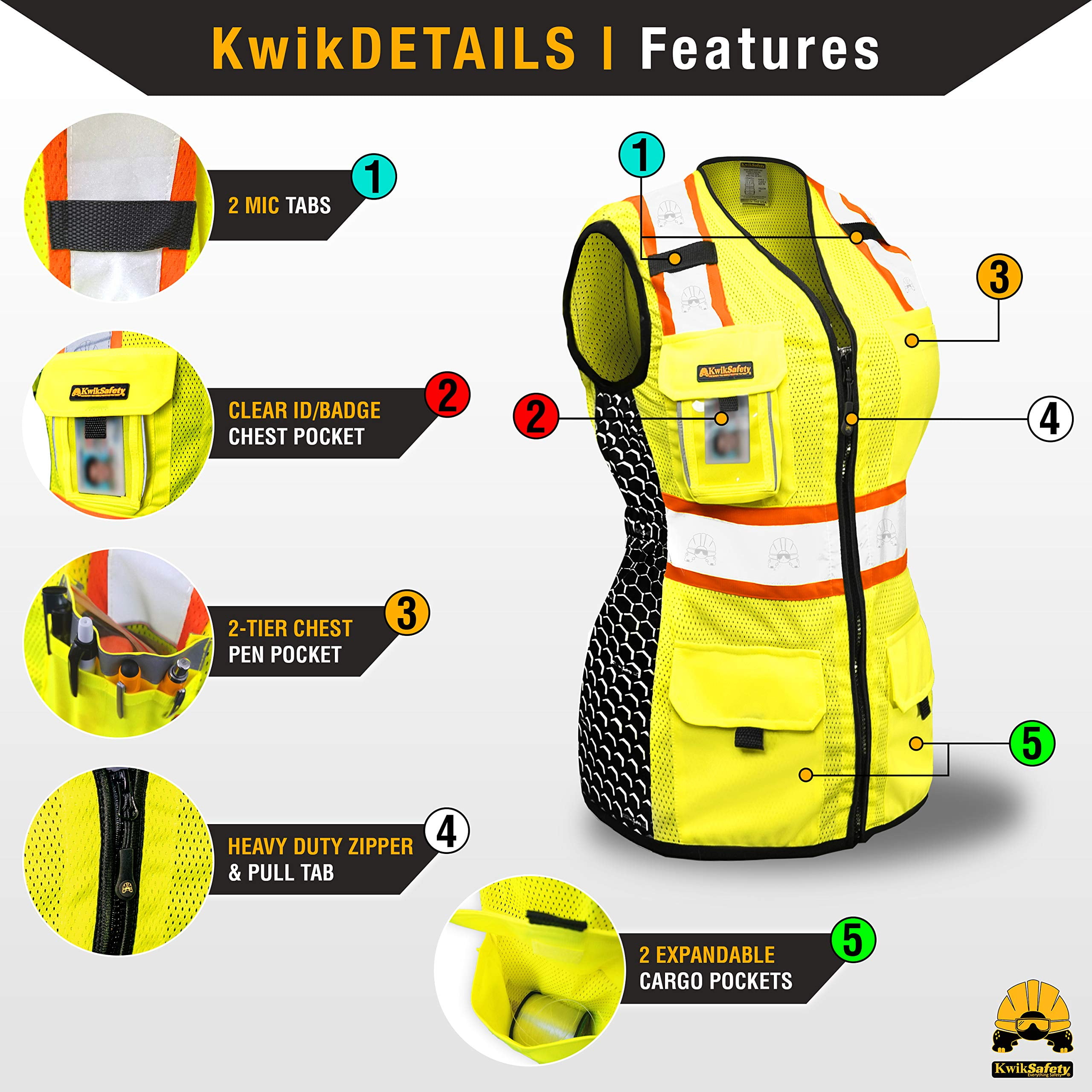KwikSafety (Charlotte, NC) QUEEN BEE Premium Safety Vest for Women (HONEYCOMB Design) 9 Pockets Class 2 Custom High Visibility ANSI OSHA Reflective Construction Work with Zipper | Yellow Large