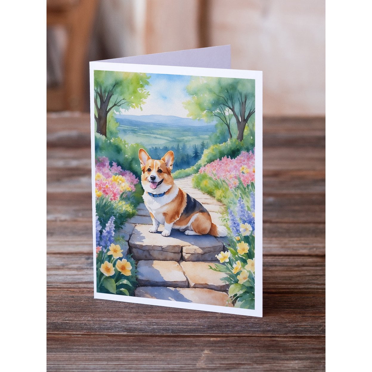 Corgi Spring Path Greeting Cards Pack of 8 7 in x 5 in