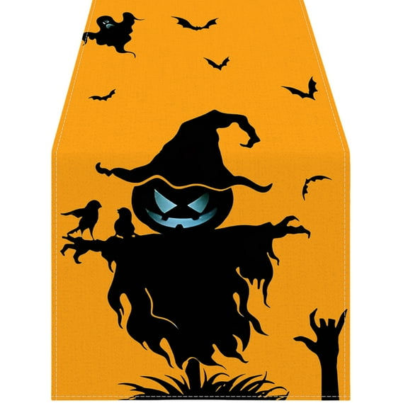 Gothic Halloween Table Runner 13x72 Inch Black Pumpkin Scarecrow Spun Polyester Print Table Runner , Spooky Party Table Decor for Haunted Nights