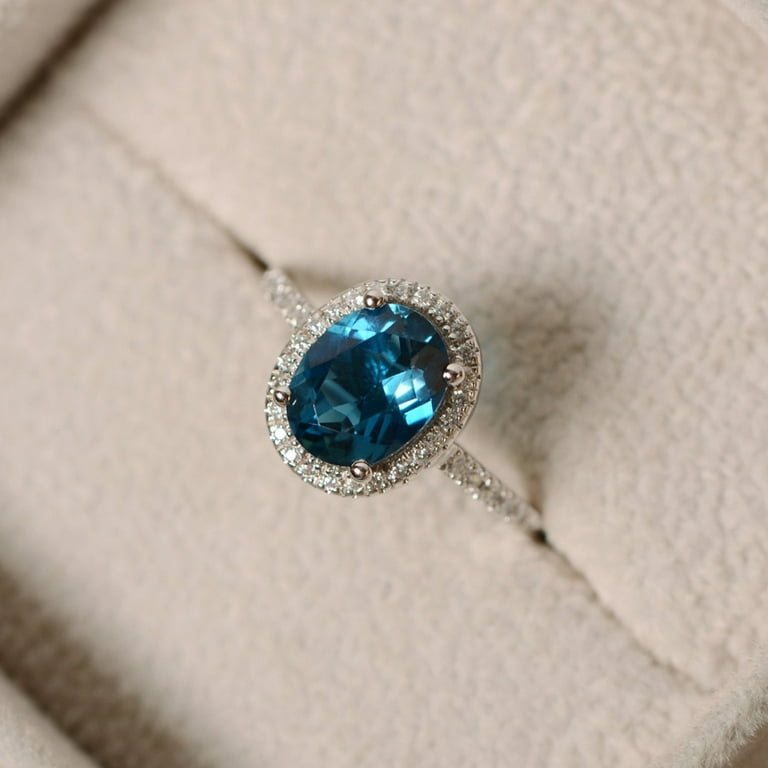 Real London blue topaz ring, sterling silver, top halo wedding ring,November birthstone