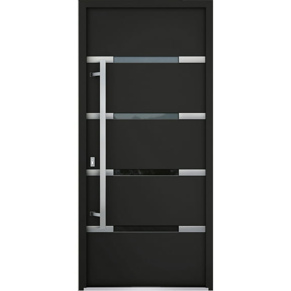 Front Exterior Prehung Steel Door / Deux 1105 Black Enamel / Stainless Inserts Entry Metal Modern Painted