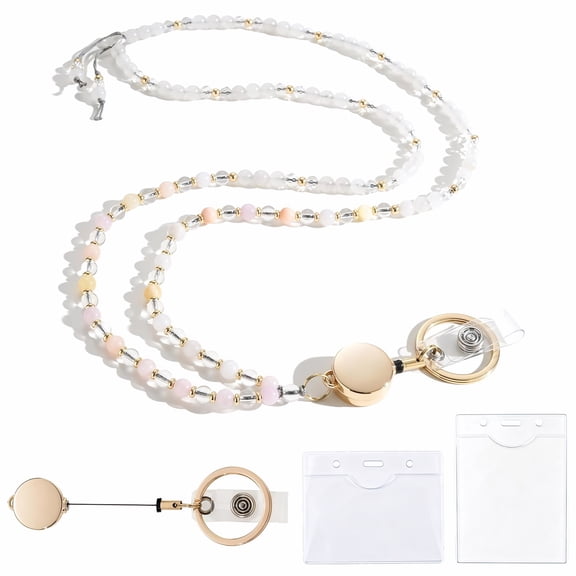 Teacher Beaded Lanyard with Retractable Reel, Stylish ID Badge Holder for Women, 1 Lanyard 2 Card Holders for School Office Use