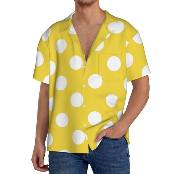 Fotbe Yellow And White Polka Dot Camisa Estampada de Manga Corta para Hombre, Casual de Verano, Estilo Playero, Sin Arrugas-X-Large