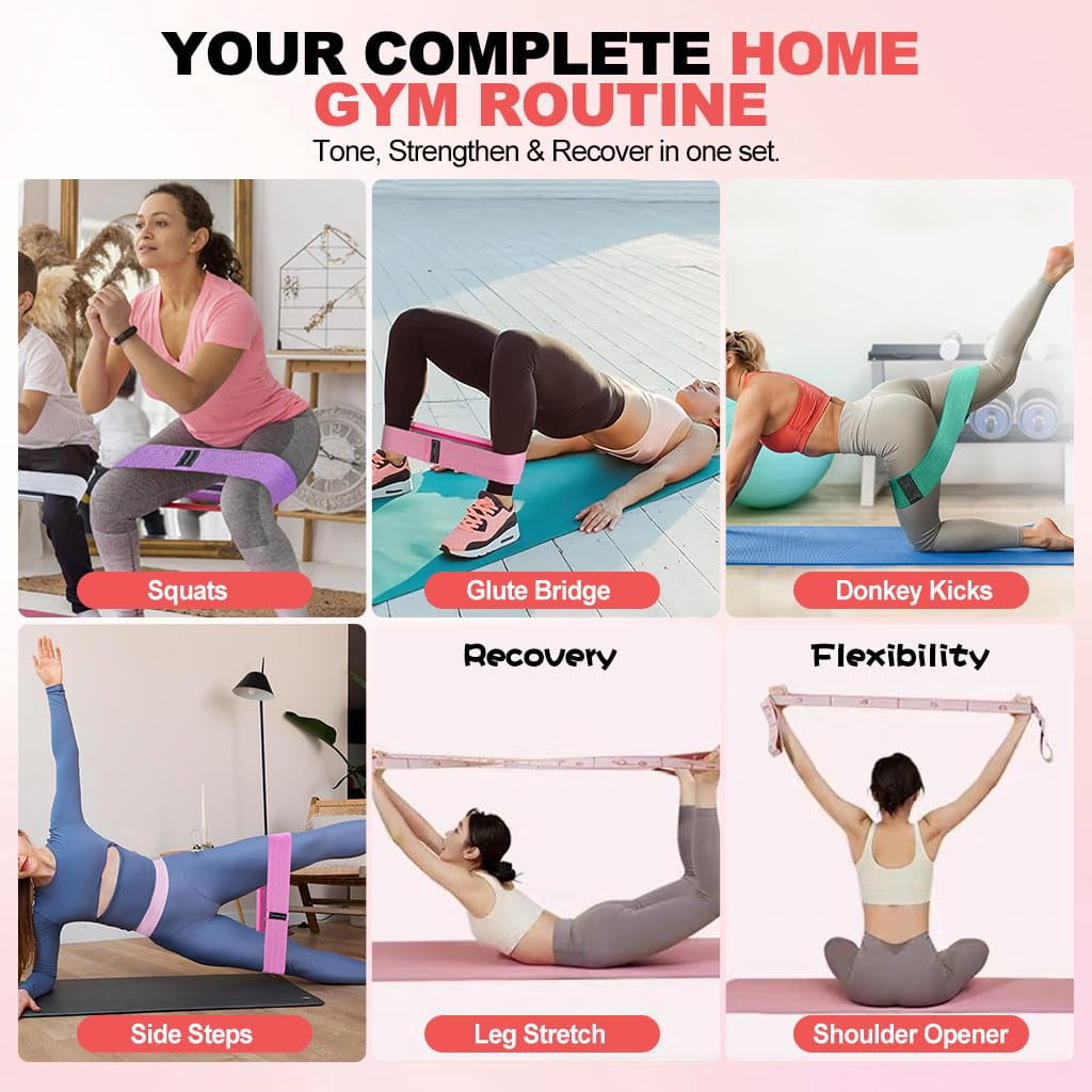 2-in-1 Fabric Resistance Bands Set & 12-Loop Numbered Elastic Stretching Strap - Non-Slip Booty Bands for Glute Workout, Stretchy Yoga Belt for Physical Therapy & Rehab