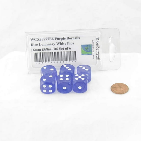Purple Borealis Dice Luminary with White Pips 16mm (5/8in) D6 Set of 6 Wondertrail