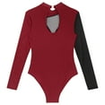 thumbnail image 4 of Alvivi Womens Rhinestone Mesh Splice Ballet Dance Leotard Turtleneck Long Sleeve Gym Bodysuit Tops Burgundy M, 4 of 7