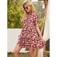 thumbnail image 2 of Women's Boho Floral Print Dress Drawstring Tie Neck Ruffle Sleeve High Waist Mini Dresses, Burgundy, Medium, 2 of 5