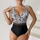 thumbnail image 2 of Traje de baño de una pieza con estampado de leopardo, sin mangas, con volantes, cuello en V, traje de baño de una pieza sin espalda a la moda para mujer, blanco M, 2 of 8