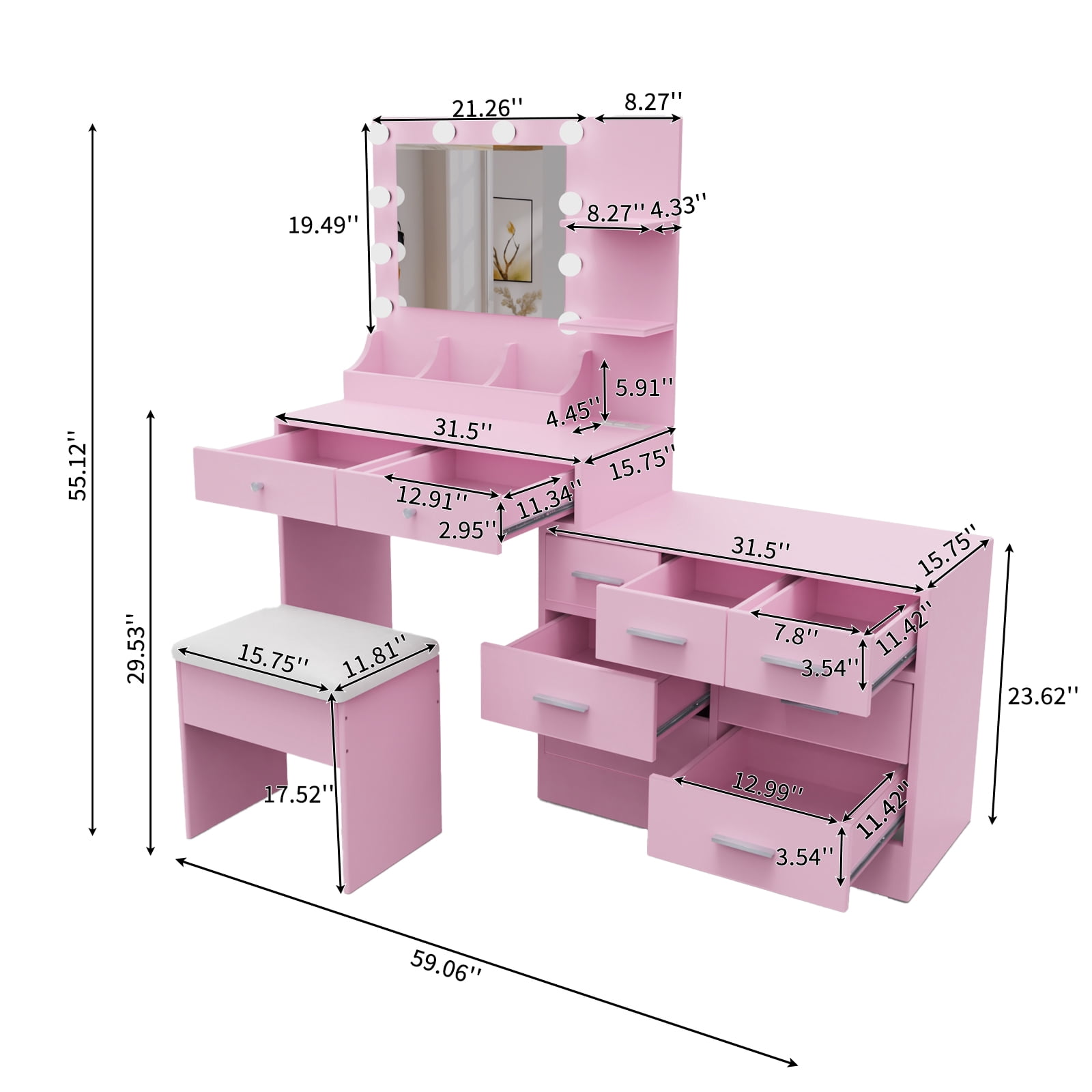 9-Drawer 2-Shelf 3-Desktop Storage Dressing Table Set, Dressing table with 3-Color Light Bulbs Combined Cabinets Particleboard with Textured Melamine Finish, 31.5*15.75*55.1in, Pink