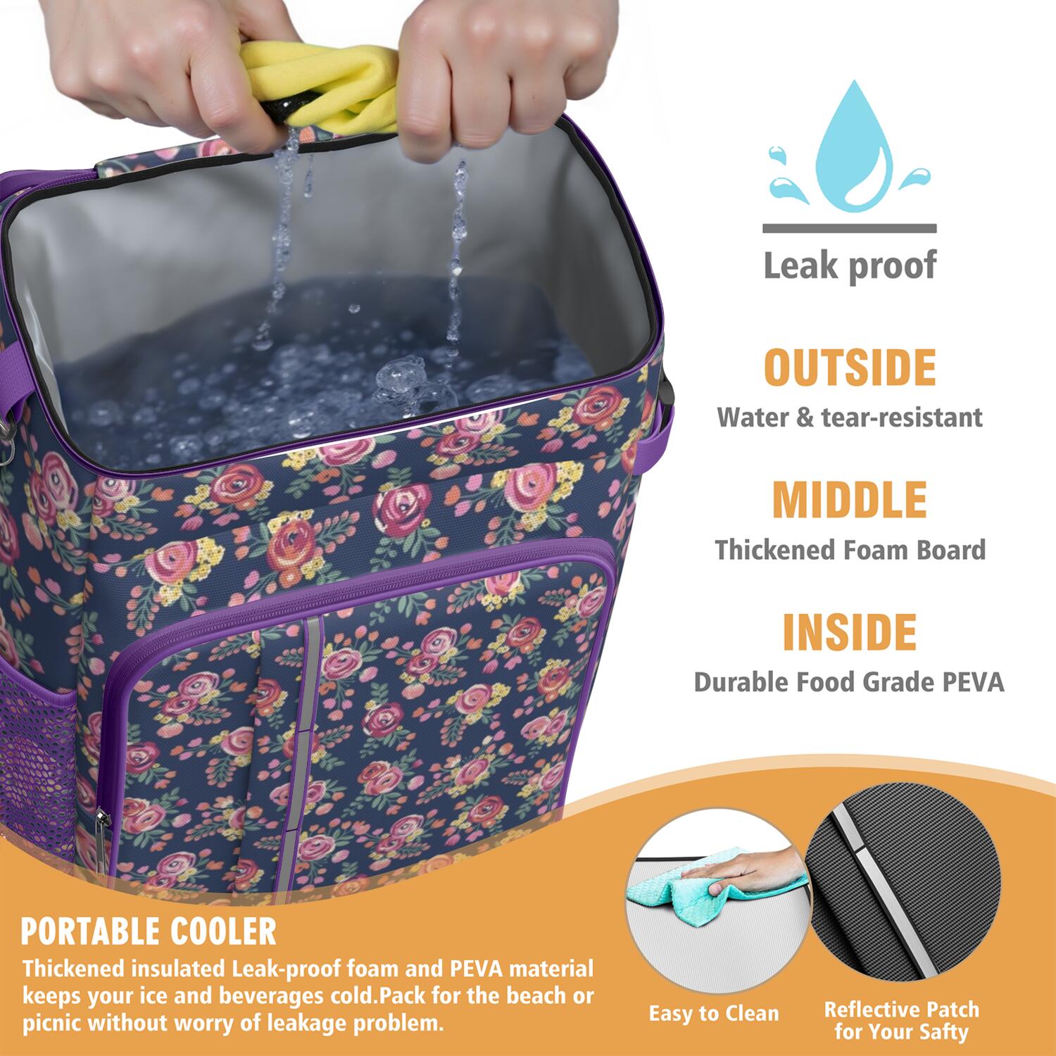 Travel Cooler Bag - Pioneer Flower Floral Print Pattern Camping Beer Cooler Backpack with Bottle Opener- Waterproof Insulated Picnic Backpacks - Cooler Bag for Beach
