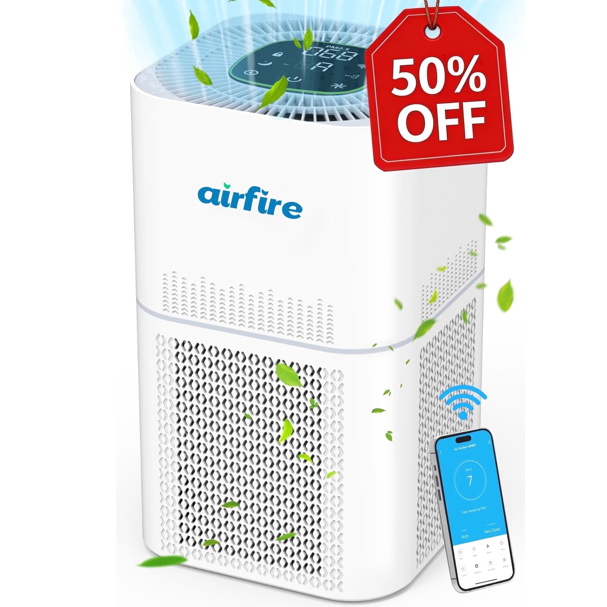 Airfire Air Purifier for Large Rooms up to 2250 Sq. Ft, Smart WiFi Air Purifier with H13 True HEPA Filter, Ideal for Smoke, Dust, Pets & Allergies