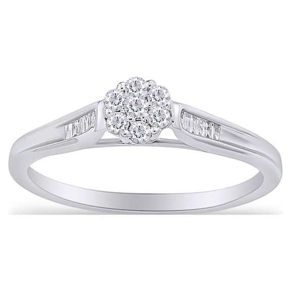 AFFY 1/5 Carat Round Shape Natural White Diamond Flower-Shaped Promise Ring In 14K Gold Over Sterling Silver (0.2 Cttw, J-K Color, I2-I3 Clarity)